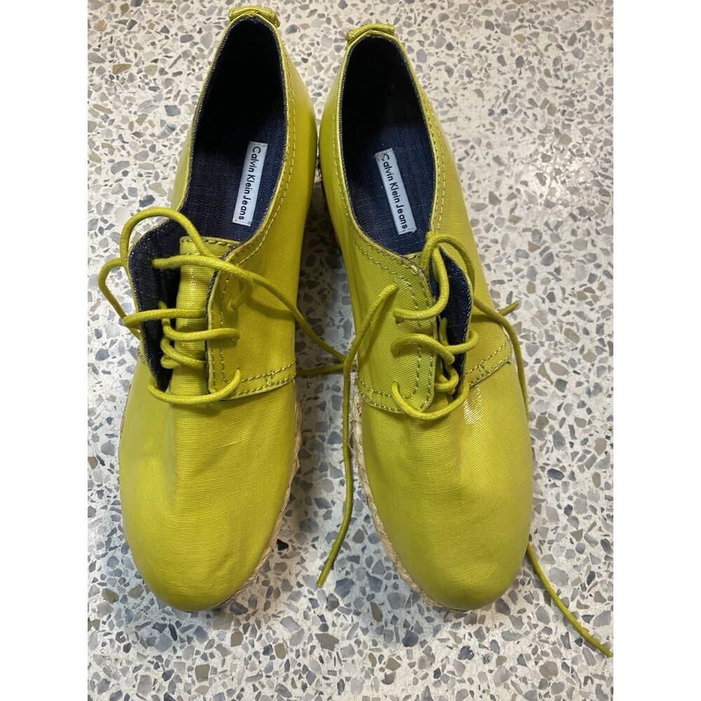 Calvin Klein Jeans Women’s Green Leather Lace-Up Espadrille Wedge Heel 8.5